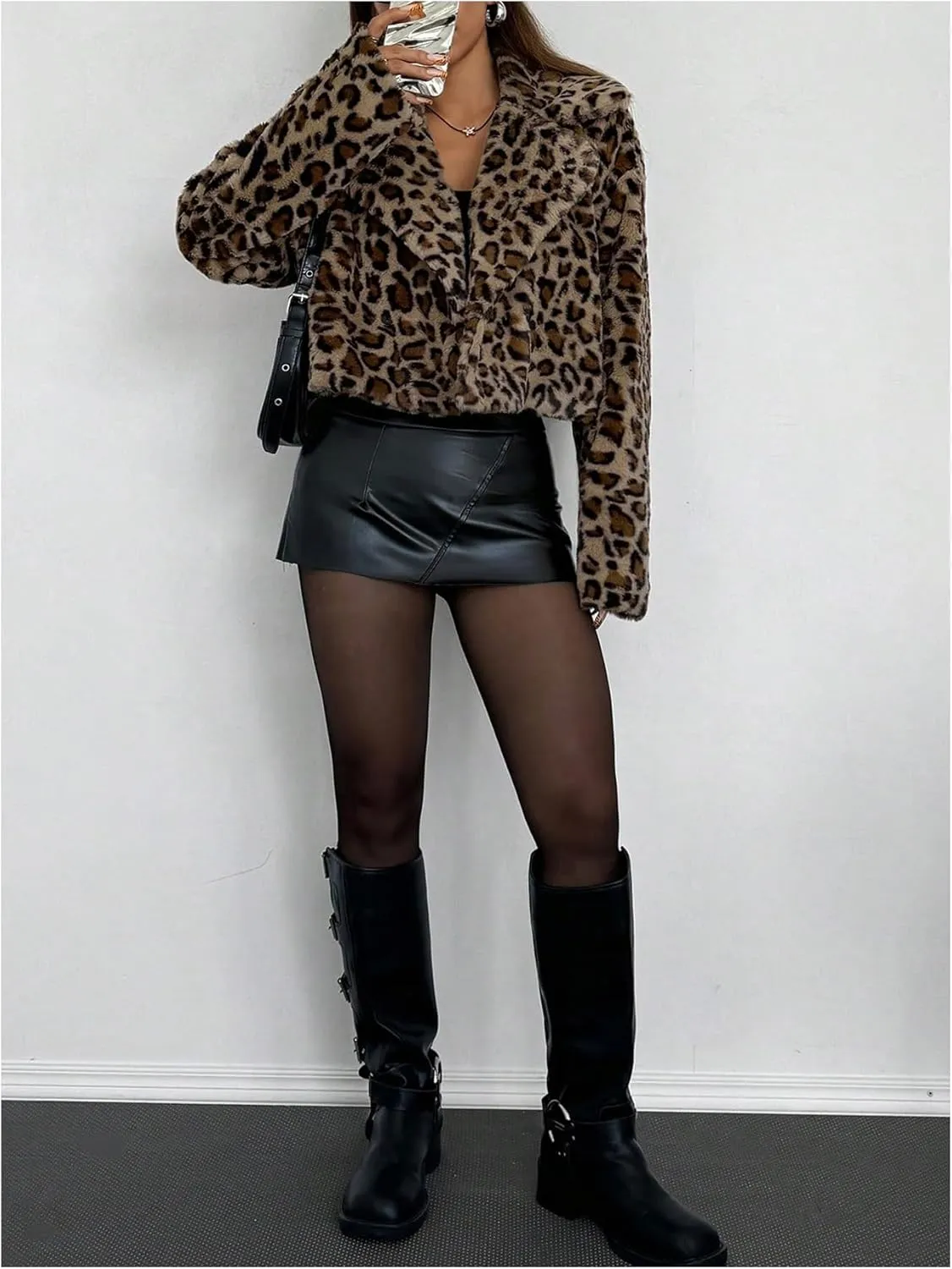 MakeMeChic Women's Faux Fur Leopard Print Coat Long Sleeve Lapel Neck Cropped Jacket Outerwear