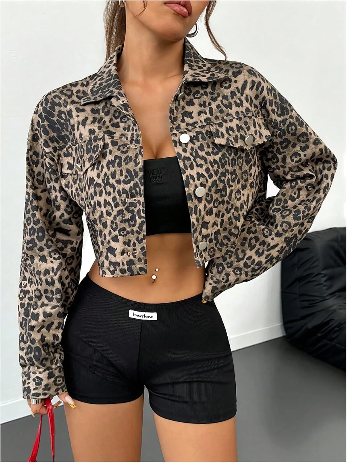 MakeMeChic Women's Faux Leather Button Down Long Sleeve Moto Biker Cropped Jackets Outerwear