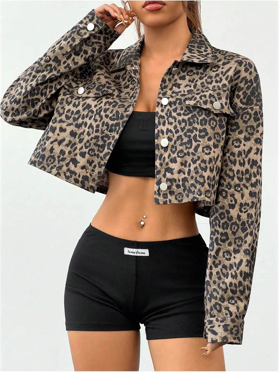 MakeMeChic Women's Faux Leather Button Down Long Sleeve Moto Biker Cropped Jackets Outerwear