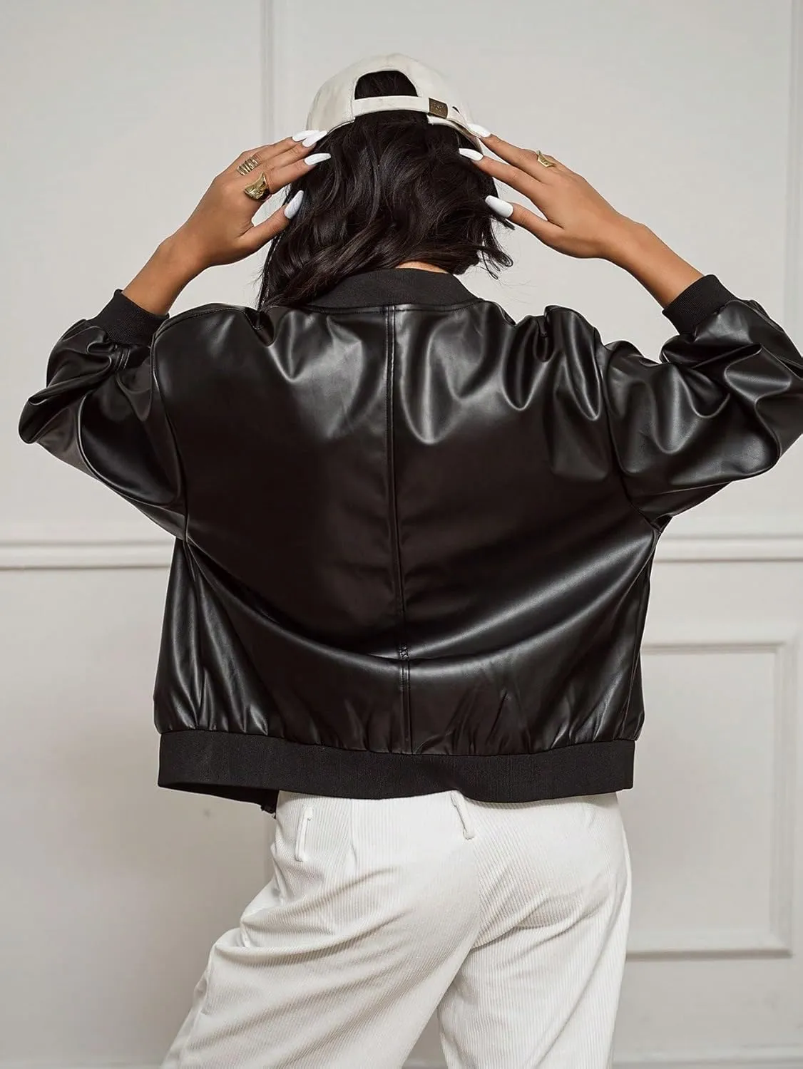 MakeMeChic Women's Faux Leather Jacket Oversized Zip Up PU Leather Varsity Bomber Jackets Outerwear