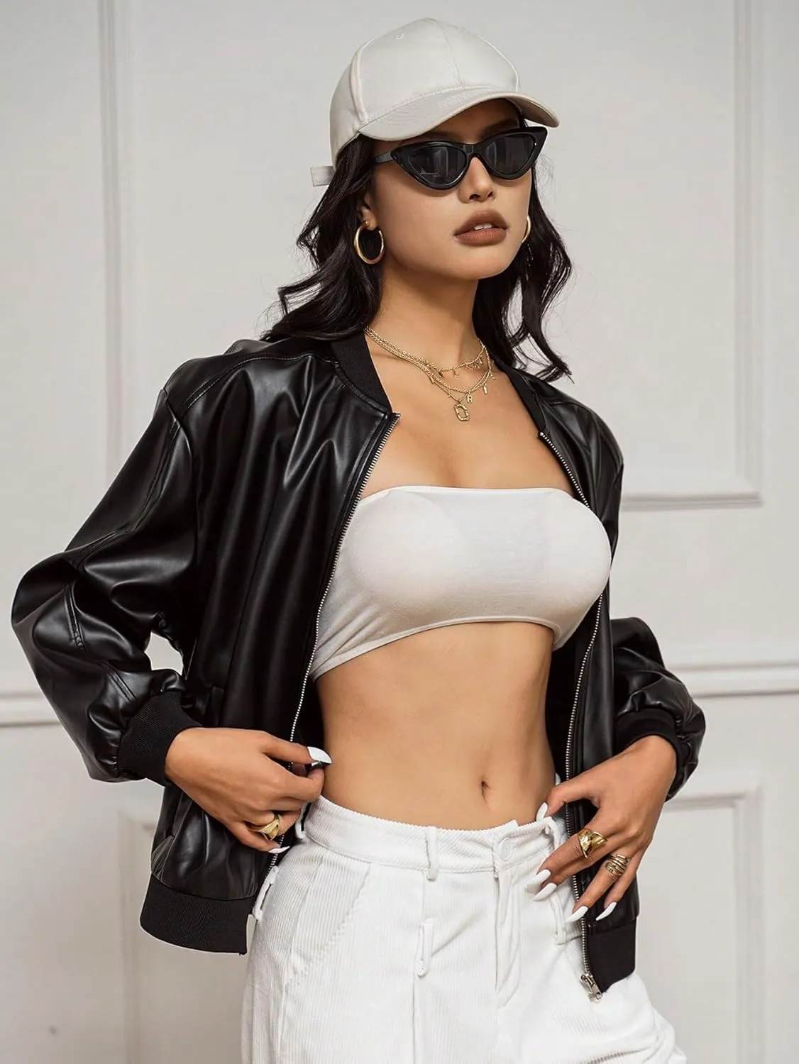 MakeMeChic Women's Faux Leather Jacket Oversized Zip Up PU Leather Varsity Bomber Jackets Outerwear
