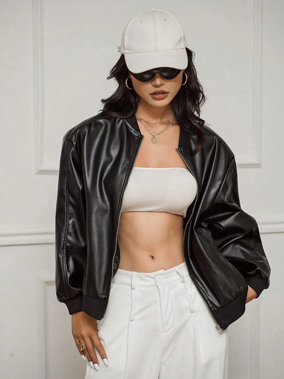MakeMeChic Women's Faux Leather Jacket Oversized Zip Up PU Leather Varsity Bomber Jackets Outerwear