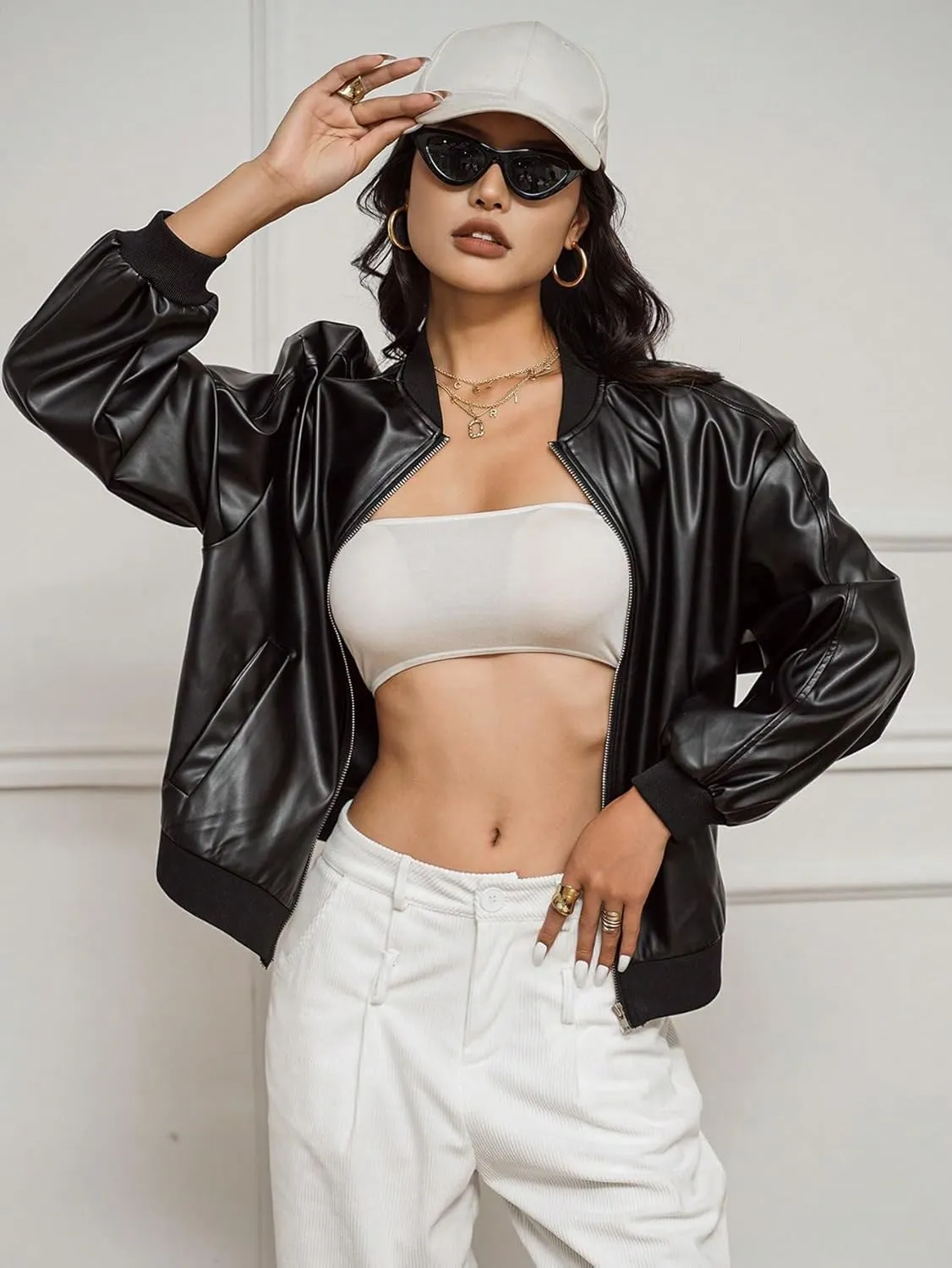 MakeMeChic Women's Faux Leather Jacket Oversized Zip Up PU Leather Varsity Bomber Jackets Outerwear