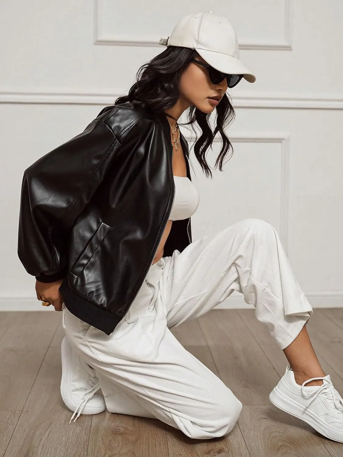 MakeMeChic Women's Faux Leather Jacket Oversized Zip Up PU Leather Varsity Bomber Jackets Outerwear
