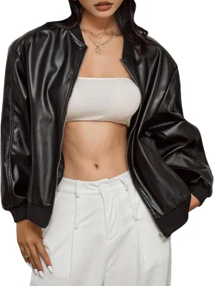 MakeMeChic Women's Faux Leather Jacket Oversized Zip Up PU Leather Varsity Bomber Jackets Outerwear