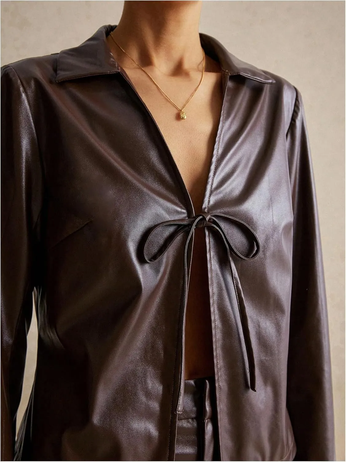 MakeMeChic Women's Faux PU Leather Jacket Tie Front Tops Long Sleeve Jackets Outerwear