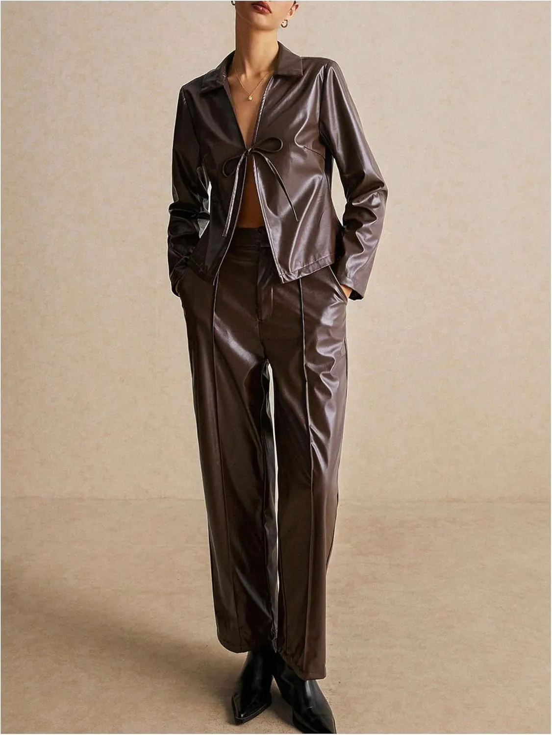 MakeMeChic Women's Faux PU Leather Jacket Tie Front Tops Long Sleeve Jackets Outerwear