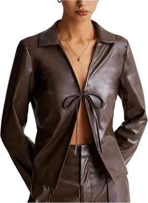 MakeMeChic Women's Faux PU Leather Jacket Tie Front Tops Long Sleeve Jackets Outerwear