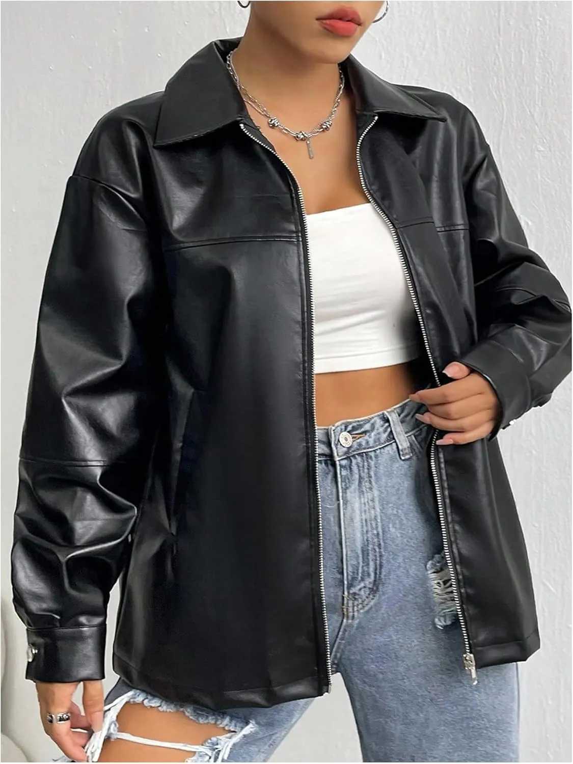 MakeMeChic Women's Long Sleeve Jacket PU Faux Leather Zipper Front Coat Outerwear