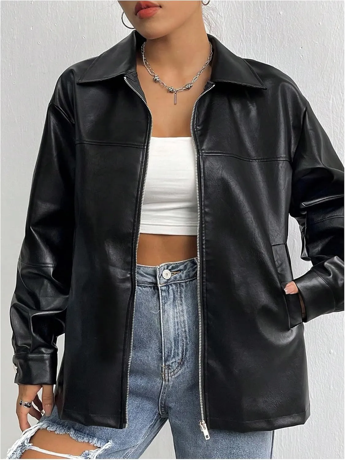 MakeMeChic Women's Long Sleeve Jacket PU Faux Leather Zipper Front Coat Outerwear