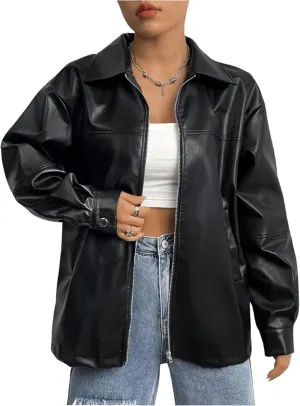 MakeMeChic Women's Long Sleeve Jacket PU Faux Leather Zipper Front Coat Outerwear
