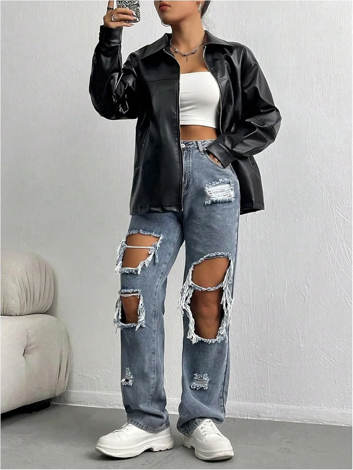 MakeMeChic Women's Long Sleeve Jacket PU Faux Leather Zipper Front Coat Outerwear