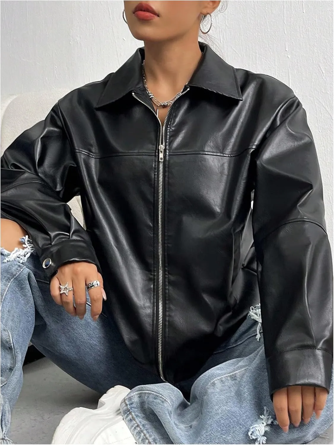 MakeMeChic Women's Long Sleeve Jacket PU Faux Leather Zipper Front Coat Outerwear