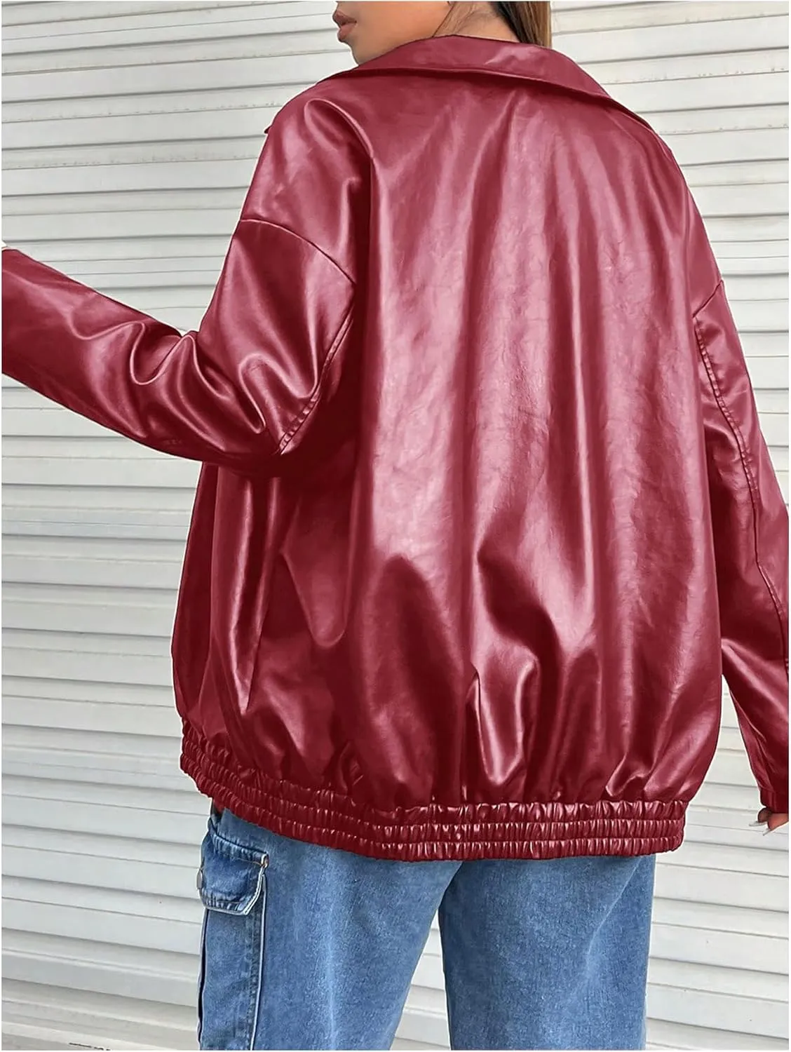 MakeMeChic Women's Plus Size PU Leather Jackets Long Sleeve Full Zip Moto Jacket Outerwear
