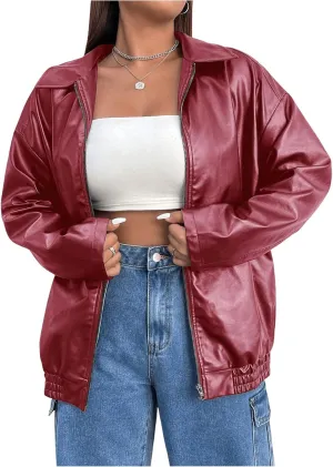 MakeMeChic Women's Plus Size PU Leather Jackets Long Sleeve Full Zip Moto Jacket Outerwear