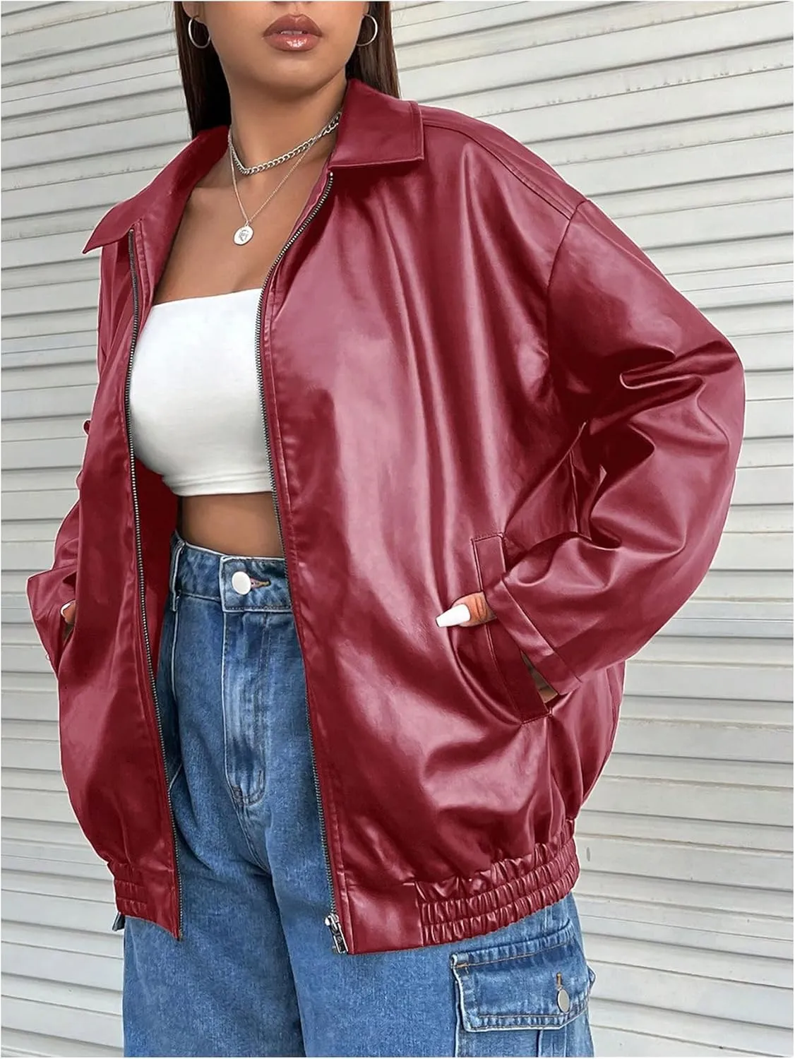 MakeMeChic Women's Plus Size PU Leather Jackets Long Sleeve Full Zip Moto Jacket Outerwear