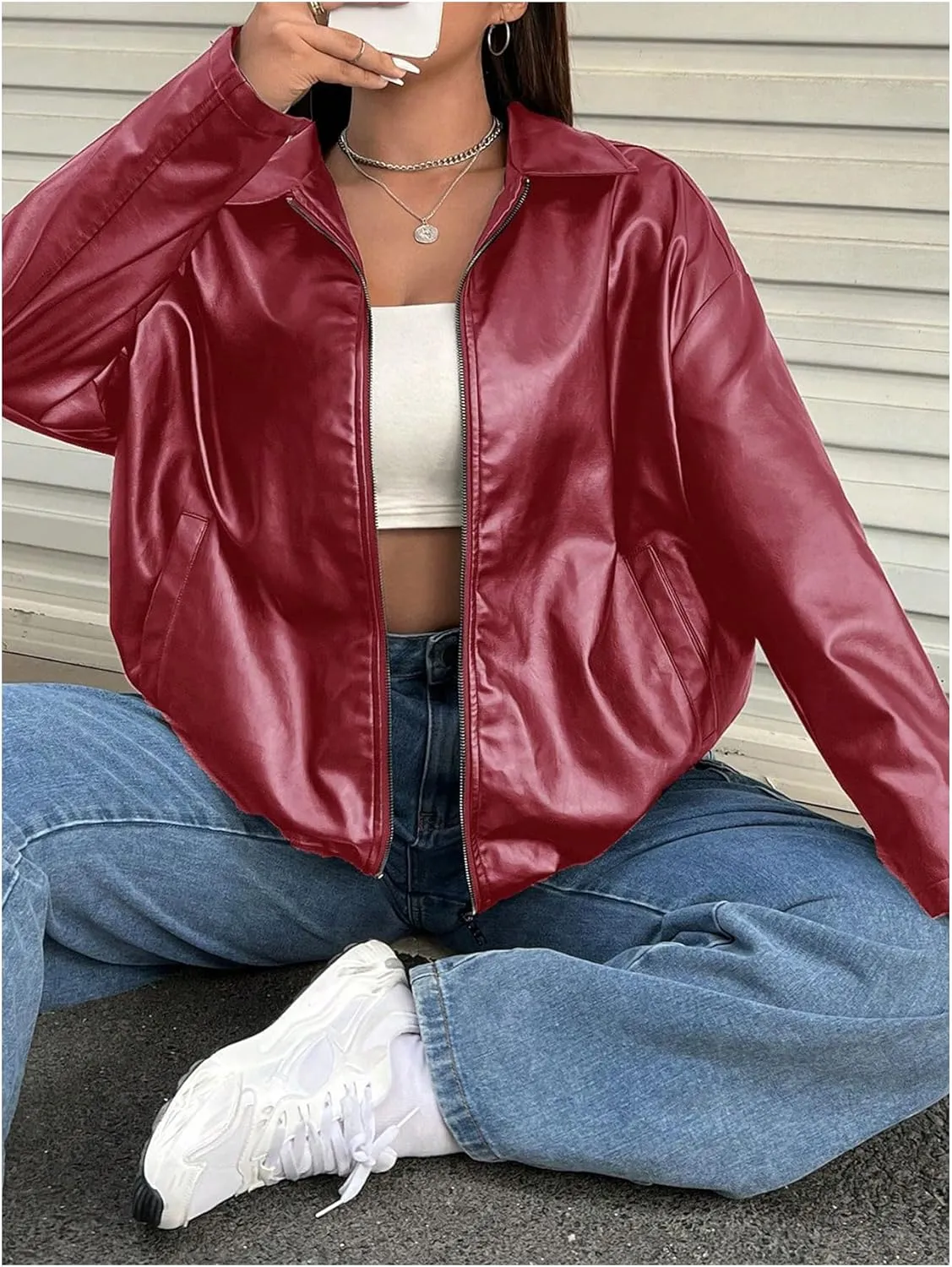 MakeMeChic Women's Plus Size PU Leather Jackets Long Sleeve Full Zip Moto Jacket Outerwear