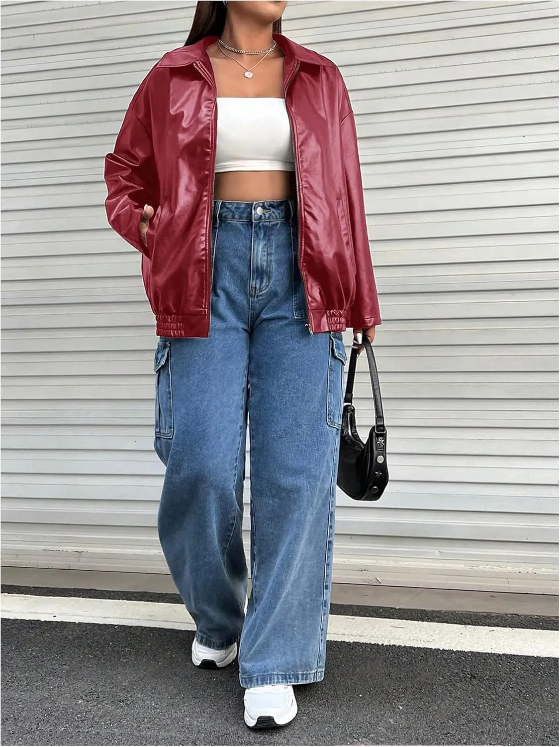 MakeMeChic Women's Plus Size PU Leather Jackets Long Sleeve Full Zip Moto Jacket Outerwear
