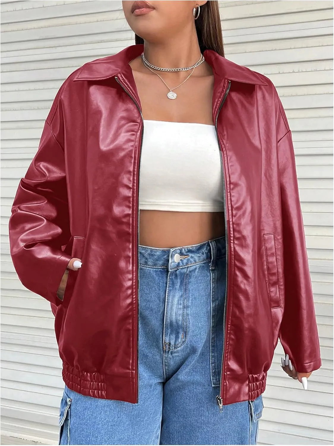 MakeMeChic Women's Plus Size PU Leather Jackets Long Sleeve Full Zip Moto Jacket Outerwear