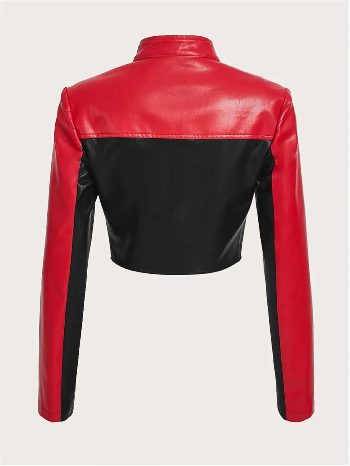 MakeMeChic Women's PU Leather Colorblock Mock Neck Full Zip Motorcycle Jacket Long Sleeve Cropped Streetwear Outerwear
