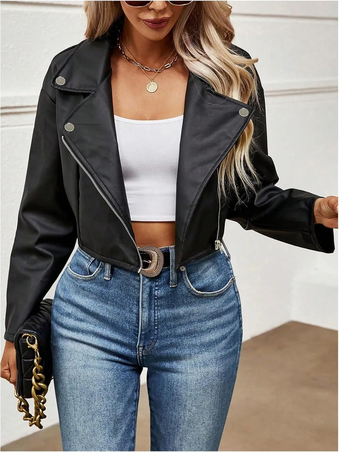 MakeMeChic Women's PU Leather Jacket Lapel Long Sleeve Zipper Cropped Motorcycle Jacket Outerwear
