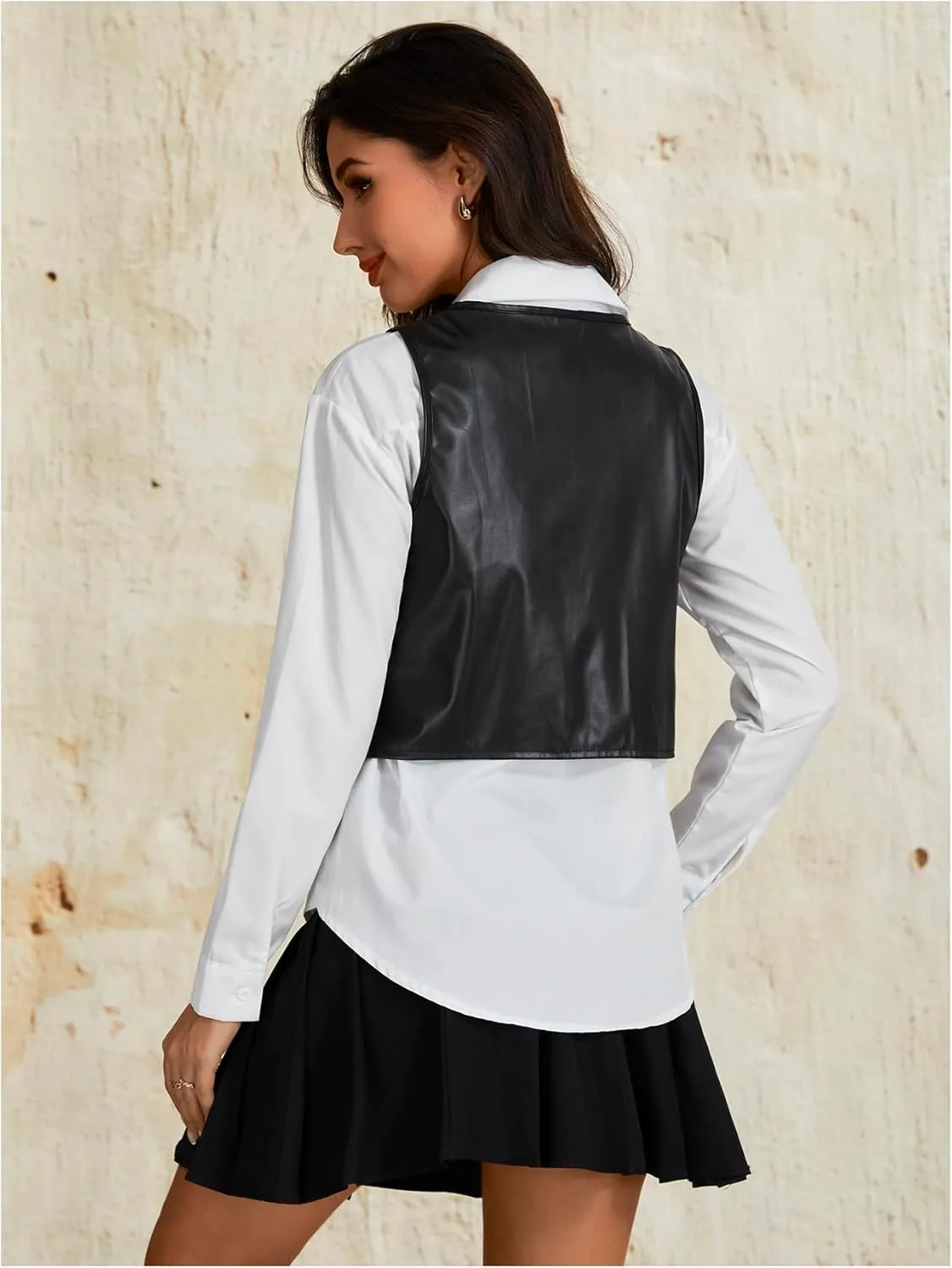 MakeMeChic Women's PU Leather Tie Front Vest Sleeveless V Neck Jacket Outerwear