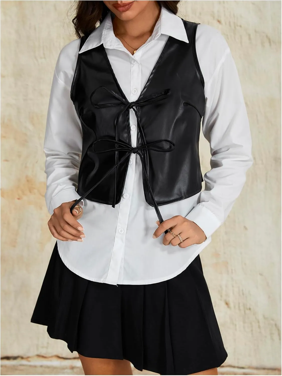 MakeMeChic Women's PU Leather Tie Front Vest Sleeveless V Neck Jacket Outerwear