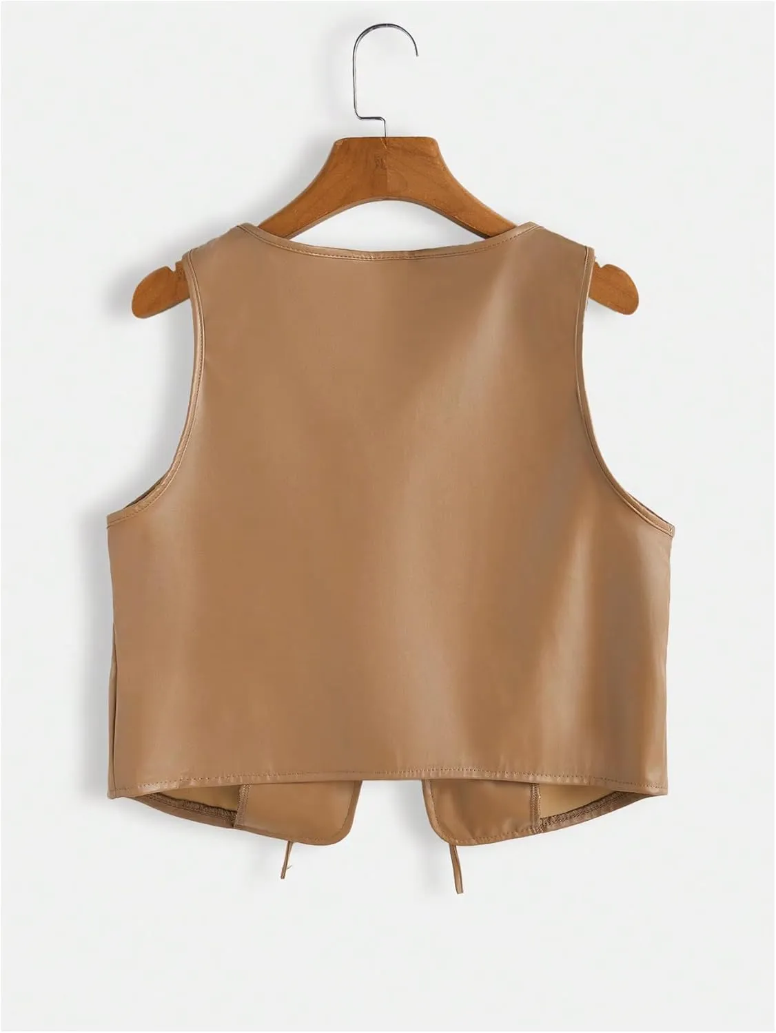 MakeMeChic Women's PU Leather Tie Front Vest Sleeveless V Neck Jacket Outerwear