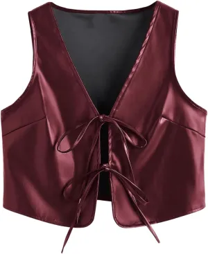 MakeMeChic Women's PU Leather Tie Front Vest Sleeveless V Neck Jacket Outerwear