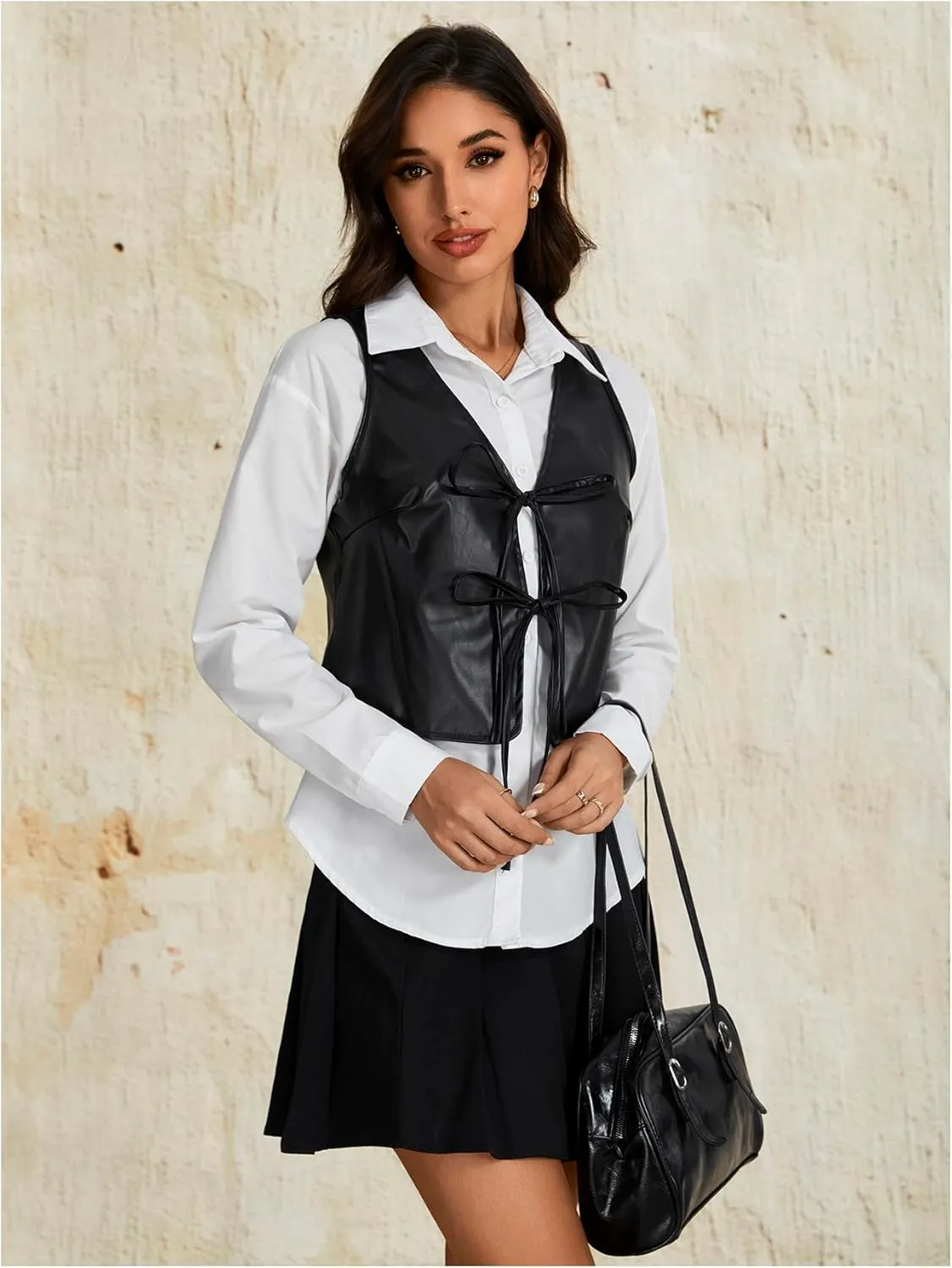 MakeMeChic Women's PU Leather Tie Front Vest Sleeveless V Neck Jacket Outerwear