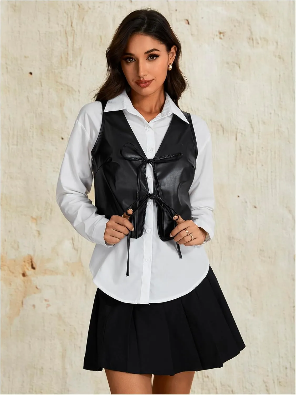 MakeMeChic Women's PU Leather Tie Front Vest Sleeveless V Neck Jacket Outerwear
