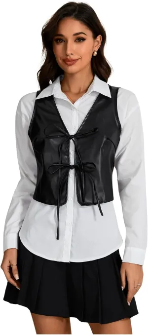 MakeMeChic Women's PU Leather Tie Front Vest Sleeveless V Neck Jacket Outerwear