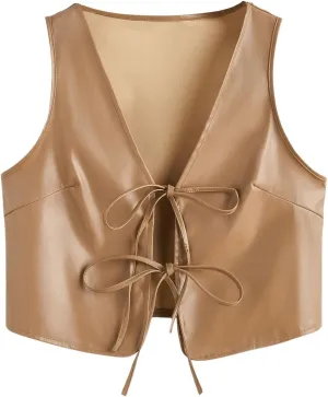 MakeMeChic Women's PU Leather Tie Front Vest Sleeveless V Neck Jacket Outerwear