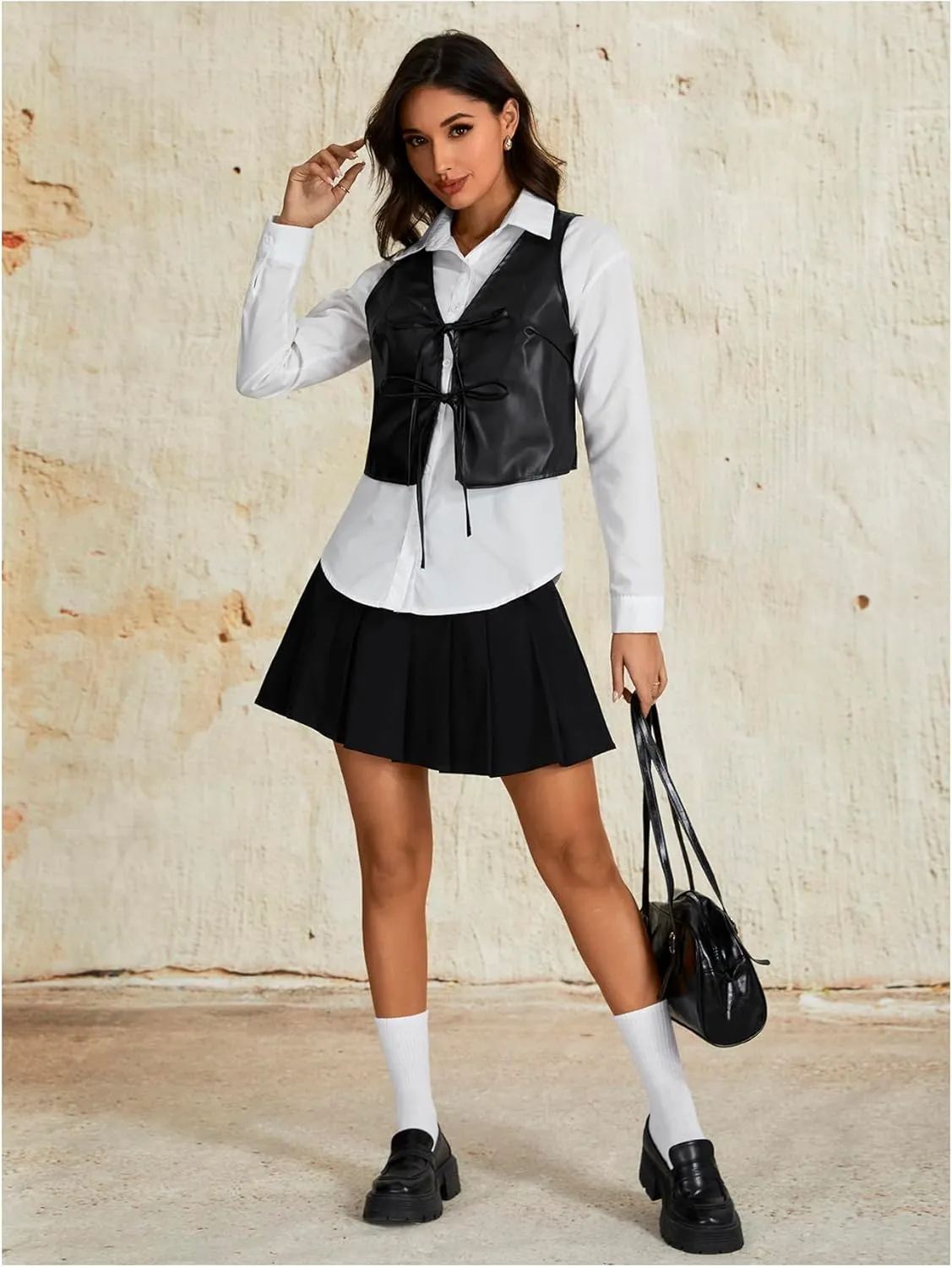 MakeMeChic Women's PU Leather Tie Front Vest Sleeveless V Neck Jacket Outerwear