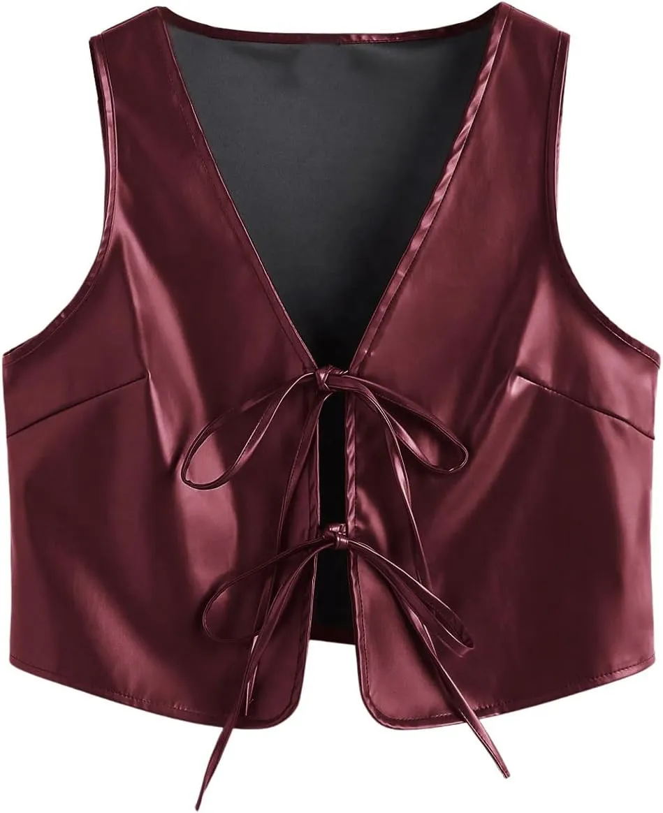 MakeMeChic Women's PU Leather Tie Front Vest Sleeveless V Neck Jacket Outerwear