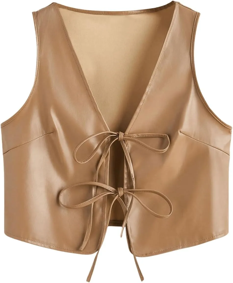MakeMeChic Women's PU Leather Tie Front Vest Sleeveless V Neck Jacket Outerwear