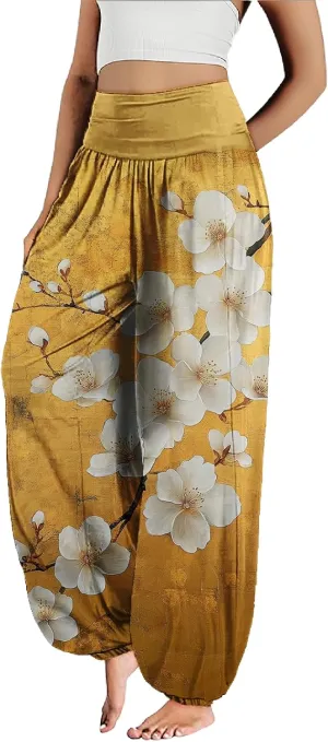 MARSVOVO Floral Pants for Women Cute Flower Print Wide Leg High Weist Plus Size Casual Pants for Women