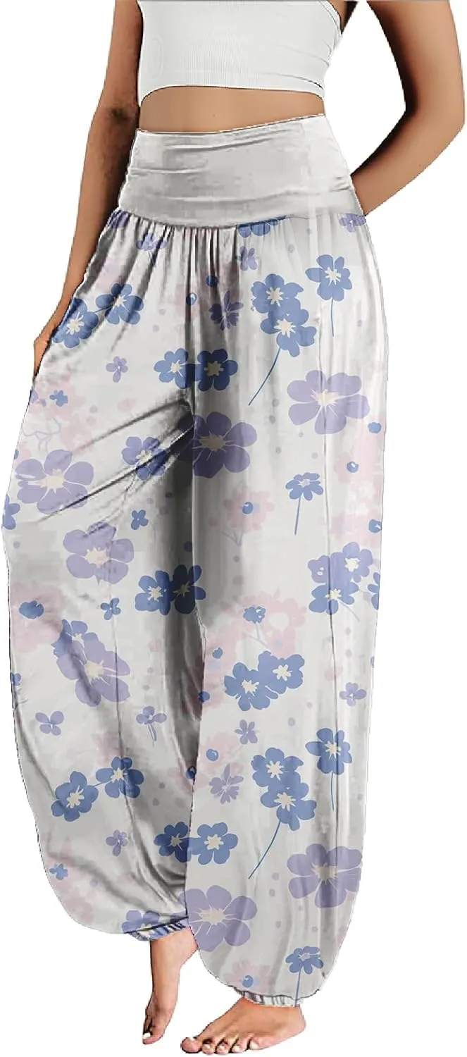 MARSVOVO Floral Pants for Women Cute Flower Print Wide Leg High Weist Plus Size Casual Pants for Women