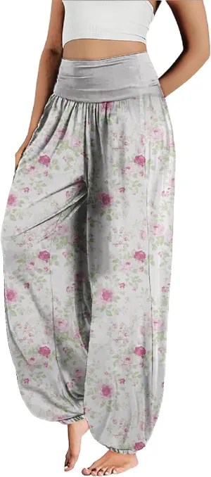 MARSVOVO Floral Pants for Women Cute Flower Print Wide Leg High Weist Plus Size Casual Pants for Women