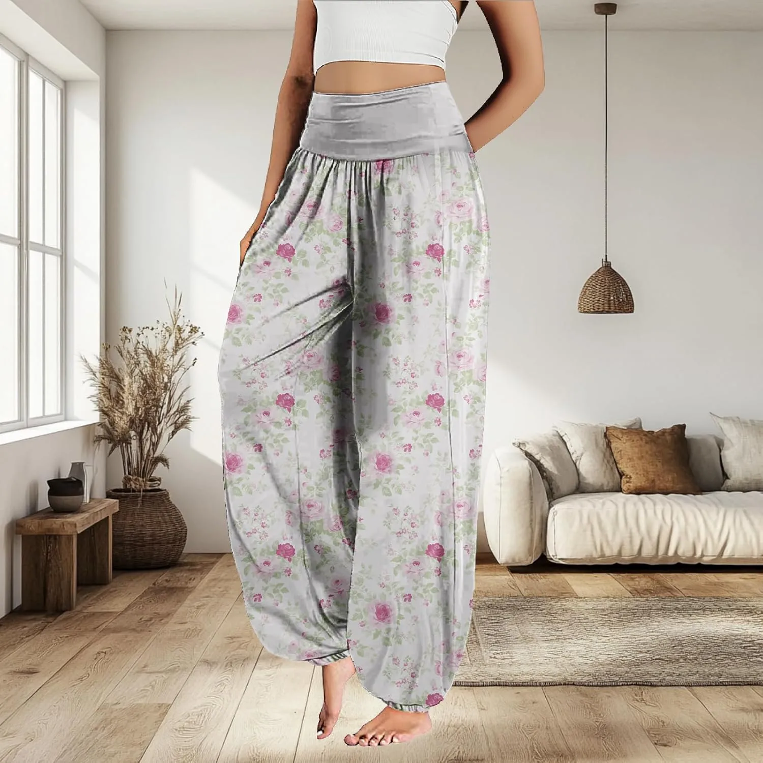 MARSVOVO Floral Pants for Women Cute Flower Print Wide Leg High Weist Plus Size Casual Pants for Women