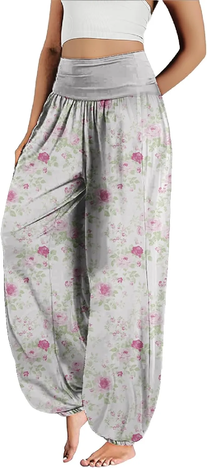 MARSVOVO Floral Pants for Women Cute Flower Print Wide Leg High Weist Plus Size Casual Pants for Women