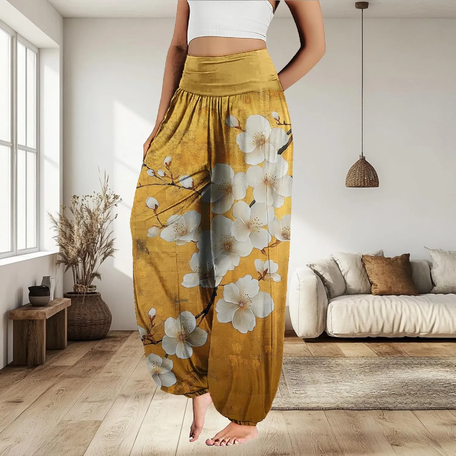 MARSVOVO Floral Pants for Women Cute Flower Print Wide Leg High Weist Plus Size Casual Pants for Women