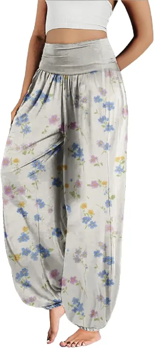 MARSVOVO Floral Pants for Women Cute Flower Print Wide Leg High Weist Plus Size Casual Pants for Women
