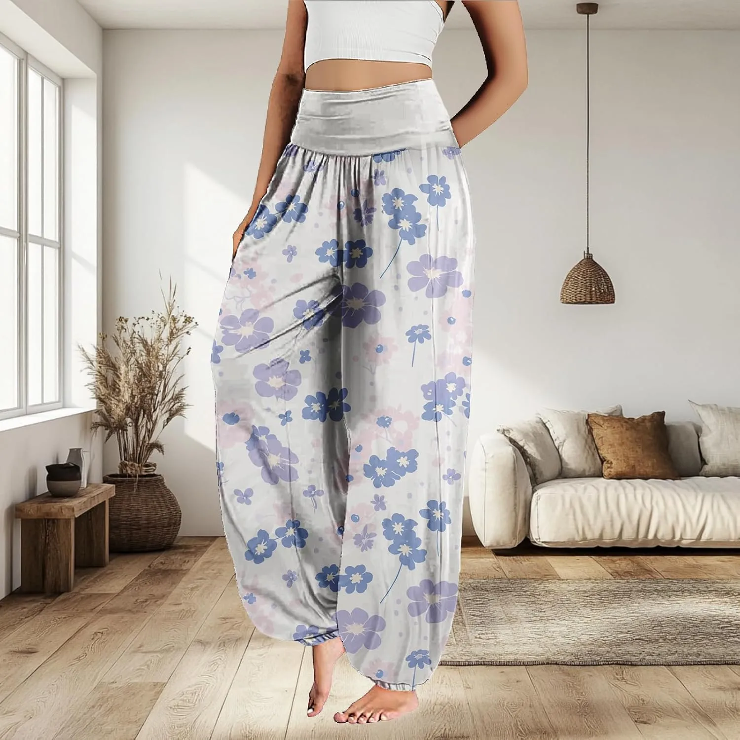 MARSVOVO Floral Pants for Women Cute Flower Print Wide Leg High Weist Plus Size Casual Pants for Women