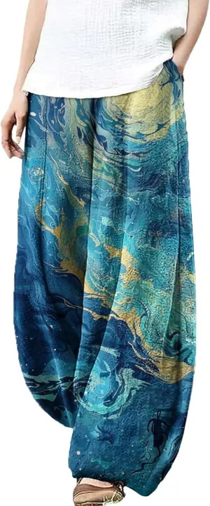 MARSVOVO Palazzo Pants for Women Trendy Wave Print Japanese Flowy Pants Lounge Casual Comfy Lantern Wide Leg Trousers