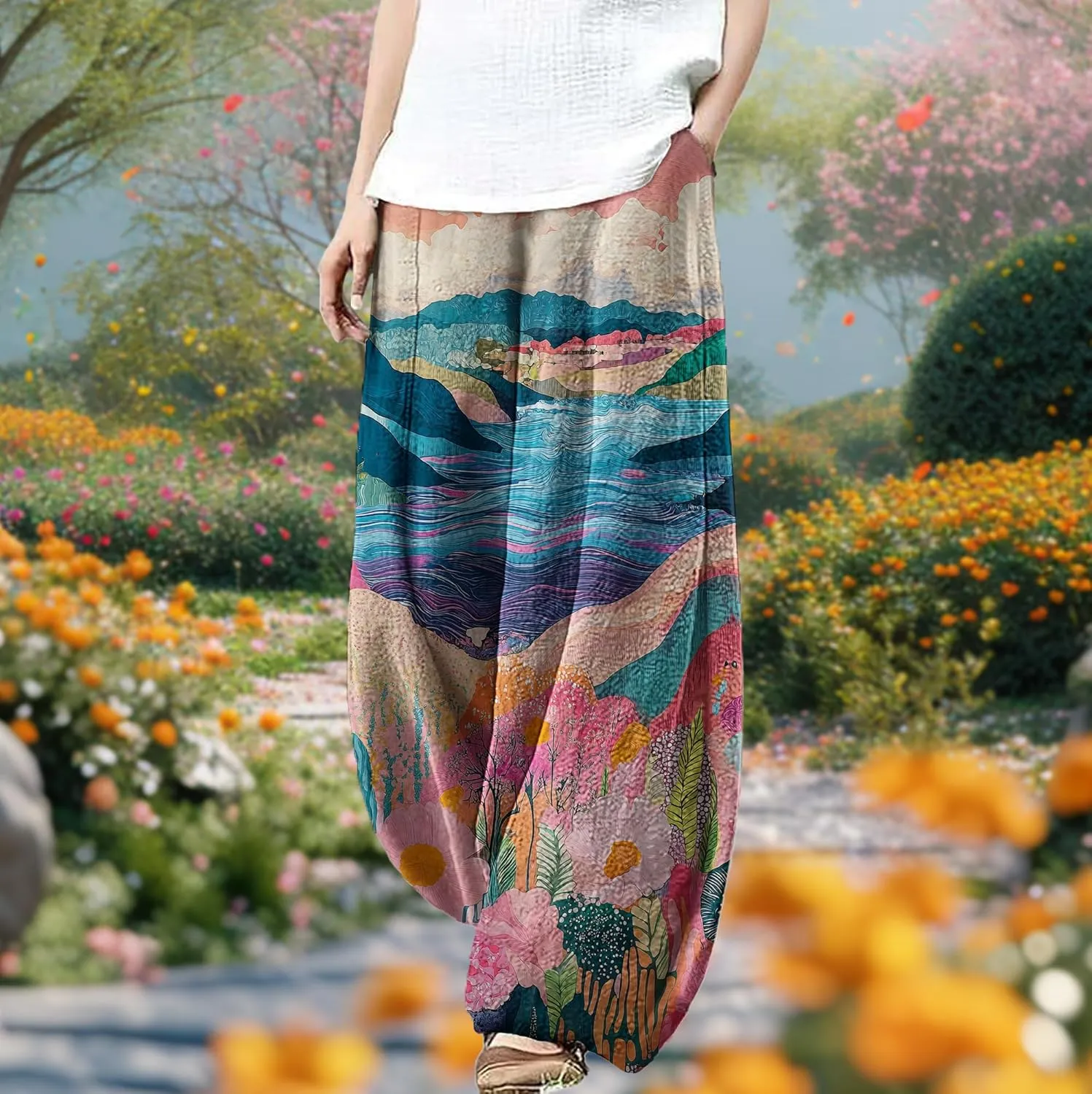 MARSVOVO Palazzo Pants for Women Trendy Wave Print Japanese Flowy Pants Lounge Casual Comfy Lantern Wide Leg Trousers
