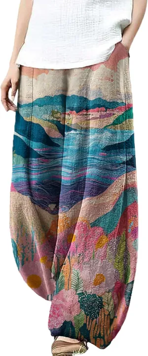 MARSVOVO Palazzo Pants for Women Trendy Wave Print Japanese Flowy Pants Lounge Casual Comfy Lantern Wide Leg Trousers