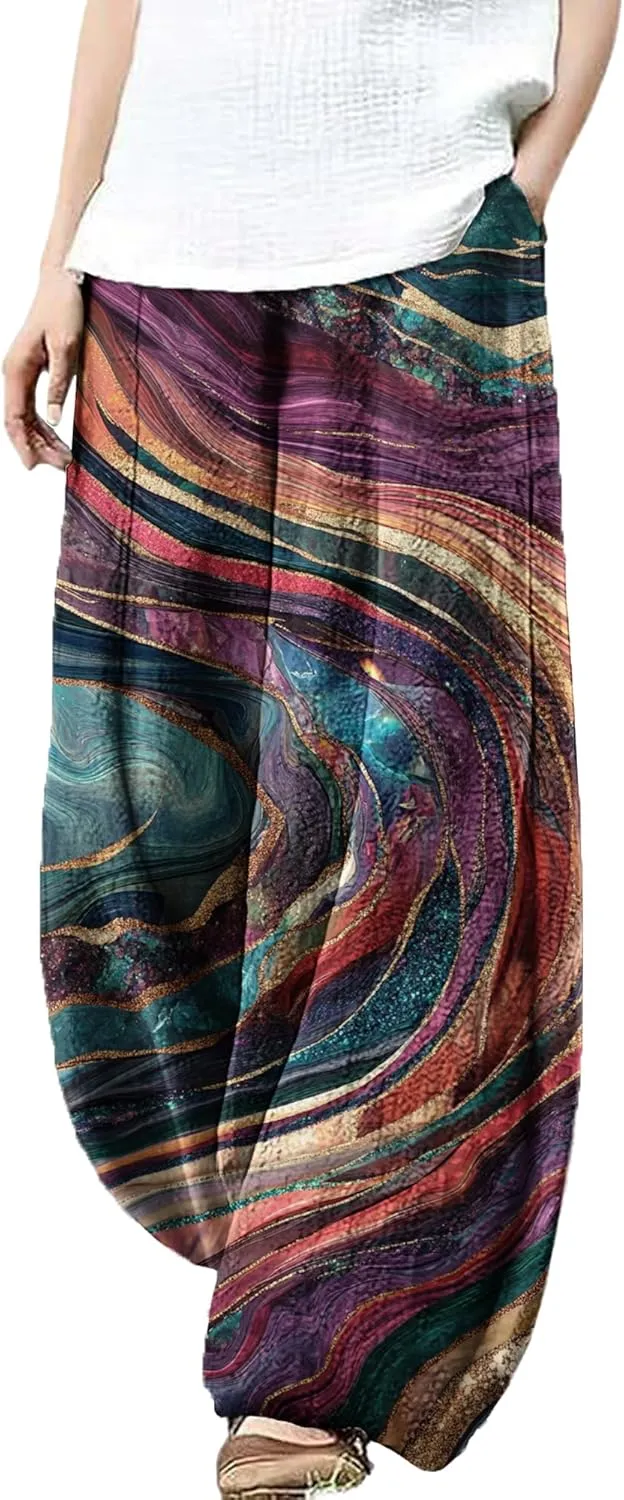 MARSVOVO Palazzo Pants for Women Trendy Wave Print Japanese Flowy Pants Lounge Casual Comfy Lantern Wide Leg Trousers