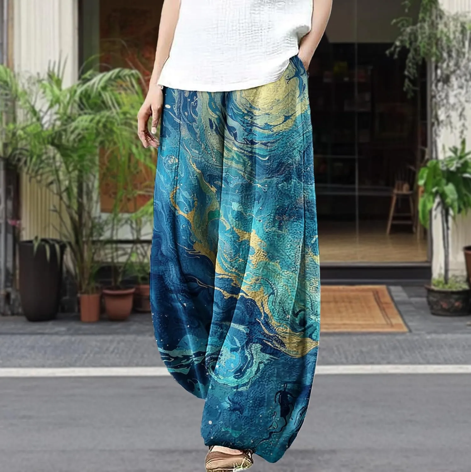 MARSVOVO Palazzo Pants for Women Trendy Wave Print Japanese Flowy Pants Lounge Casual Comfy Lantern Wide Leg Trousers