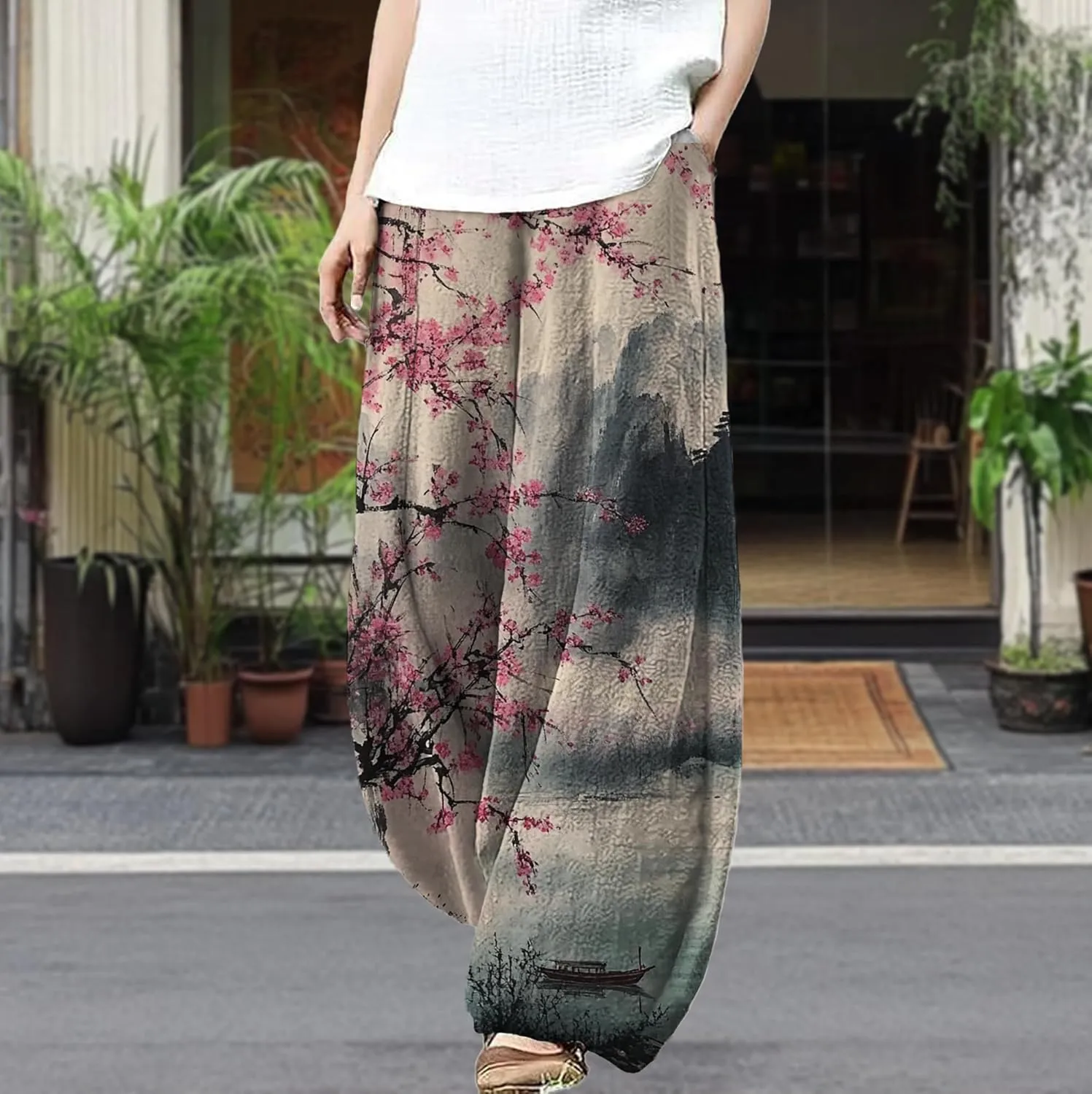 MARSVOVO Palazzo Pants for Women Trendy Wave Print Japanese Flowy Pants Lounge Casual Comfy Lantern Wide Leg Trousers